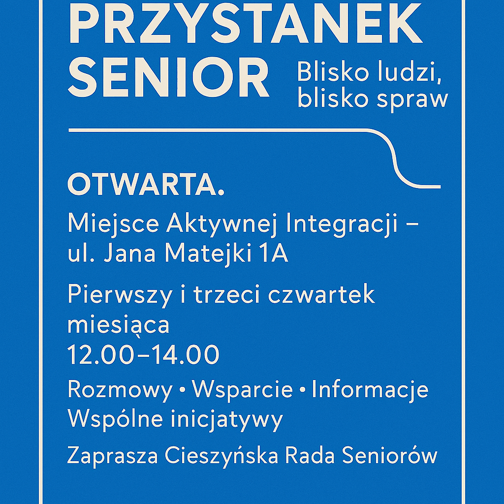 Niebieska grafika promująca Przystanek Senior, zawierająca informacje o miejscu i godzinach otwarcia,